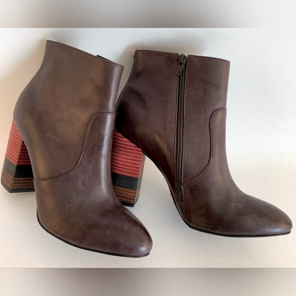 Anthropologie Brown Ankle Boots with Striped Heel
